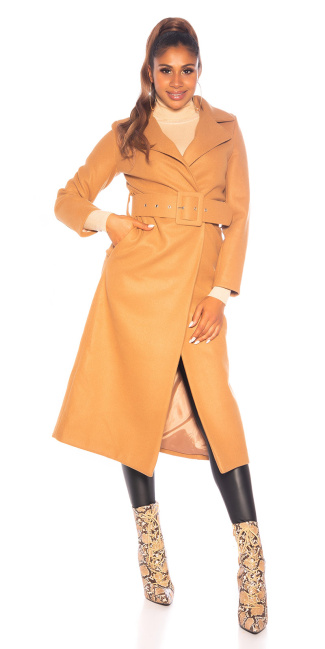 Trendy lange mantel met riem bruin